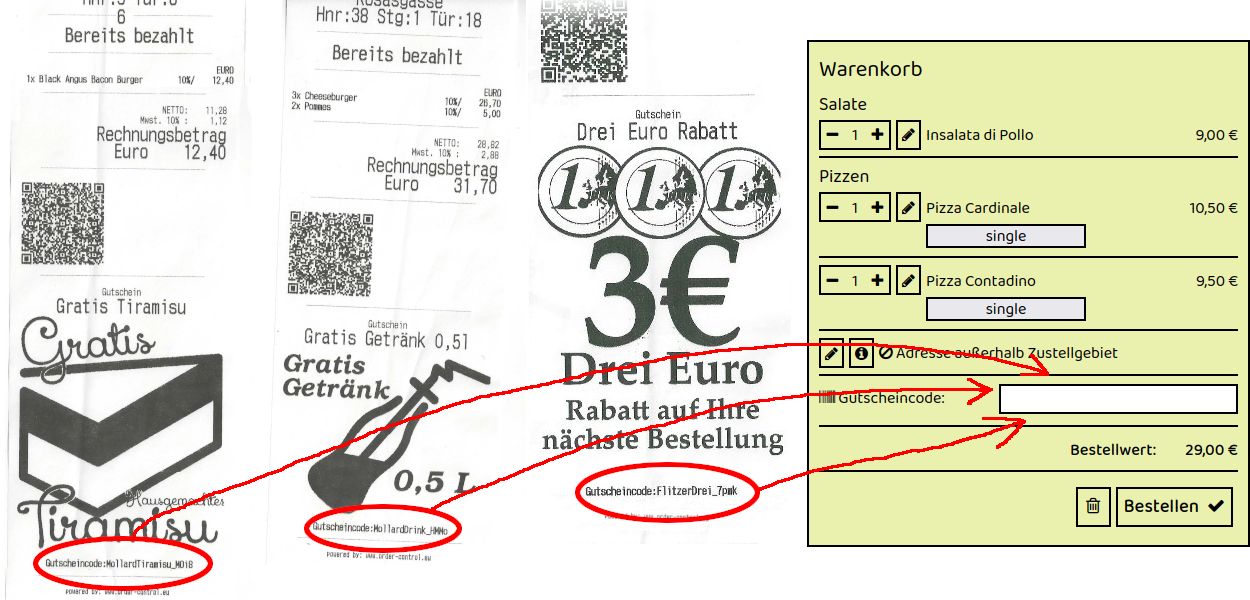 Beispiel für Gutscheincodes auf Rechnungszetteln von Yes Sir Pizza in Salzburg Ignaz-Harrer-Straße 30 – drei Rechnungen mit individuellen Gutscheincodes, die im Online-Warenkorb des Restaurants eingegeben werden können.