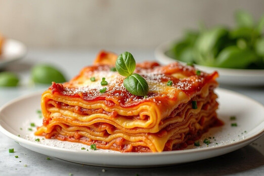 Lasagne mit geschmolzenem Käse und Tomatensauce auf einem weißen Teller angerichtet