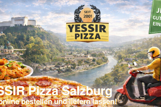 Yessir Pizza Salzburg Lieferservice mit Pizza, indischen Gerichten und Zustellgebiet Übersicht im Hintergrund